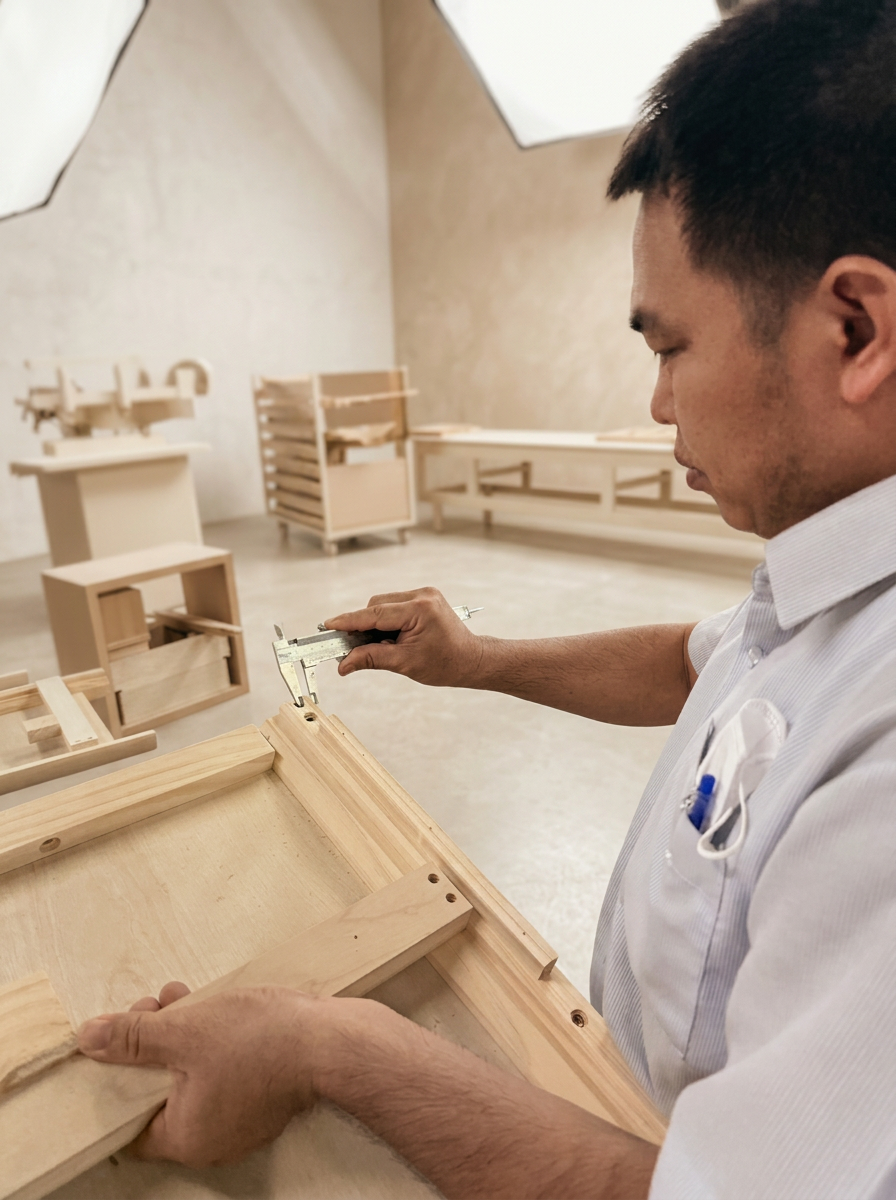 Quality control inspector measuring a wooden crib component with calipers