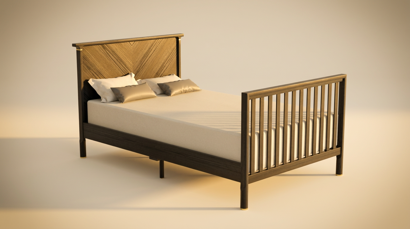 Crib-to-full-bed conversion OEM Vietnam — chevron-panel headboard, brass foot caps