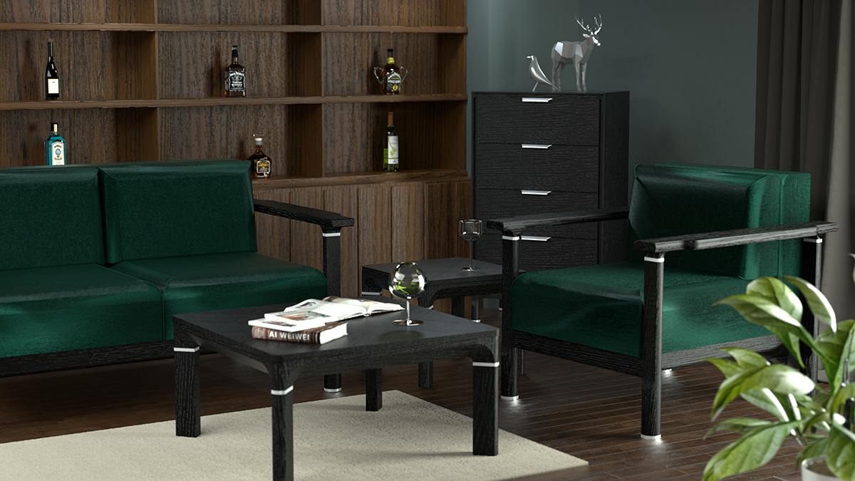 Living room lifestyle scene — green velvet sofa program with dark wood case goods, OEM Vietnam
