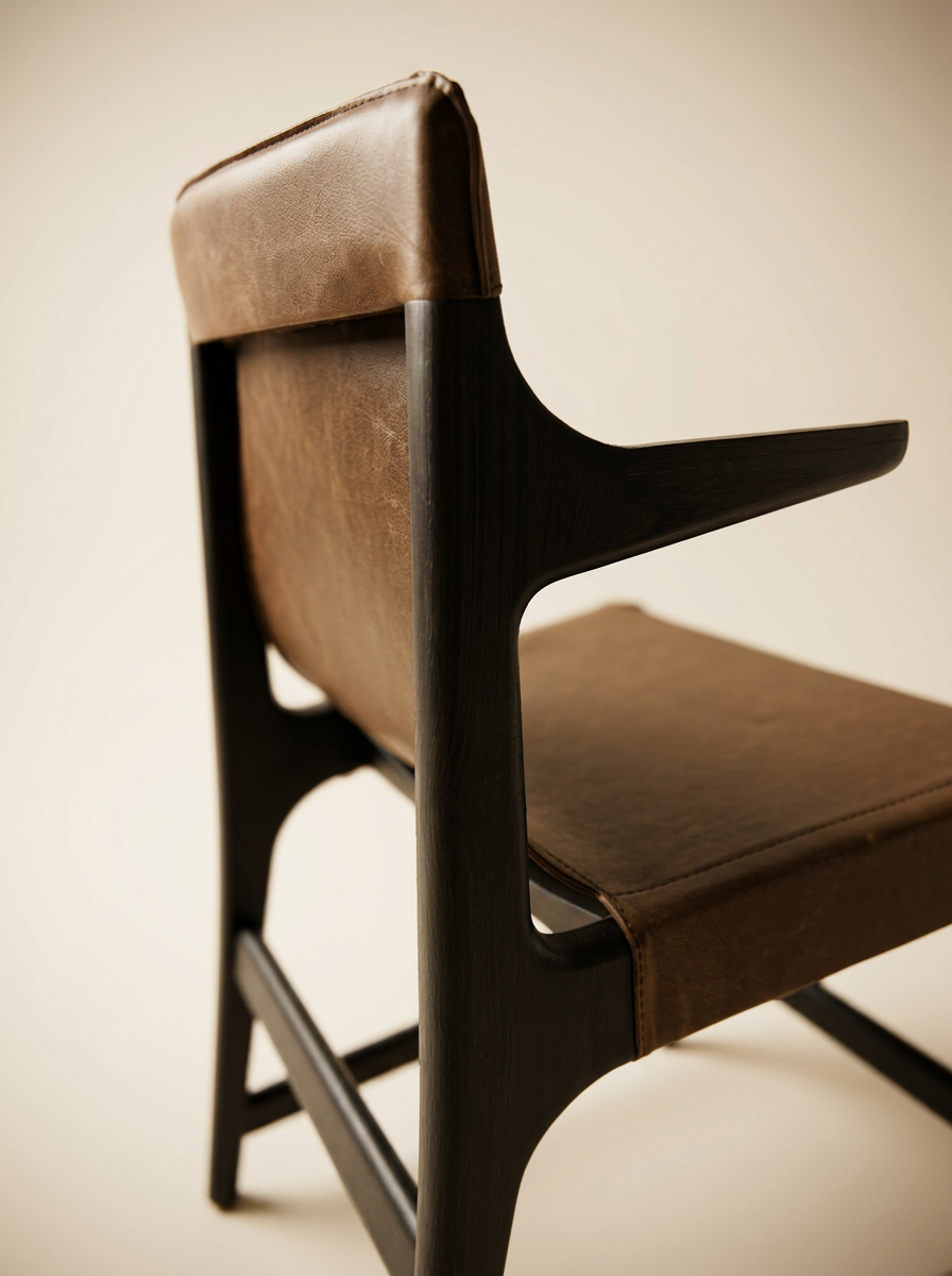Dining chair joinery detail — sculpted armrest, saddle-leather seat