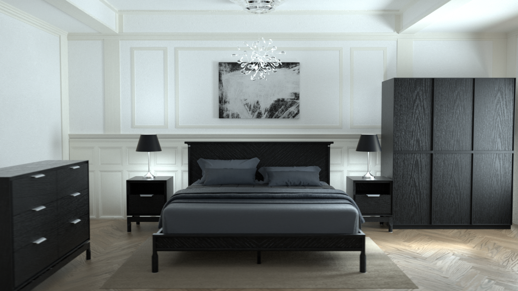 Bedroom suite lifestyle — dark wood bed, matching nightstands, dresser and wardrobe, OEM Vietnam