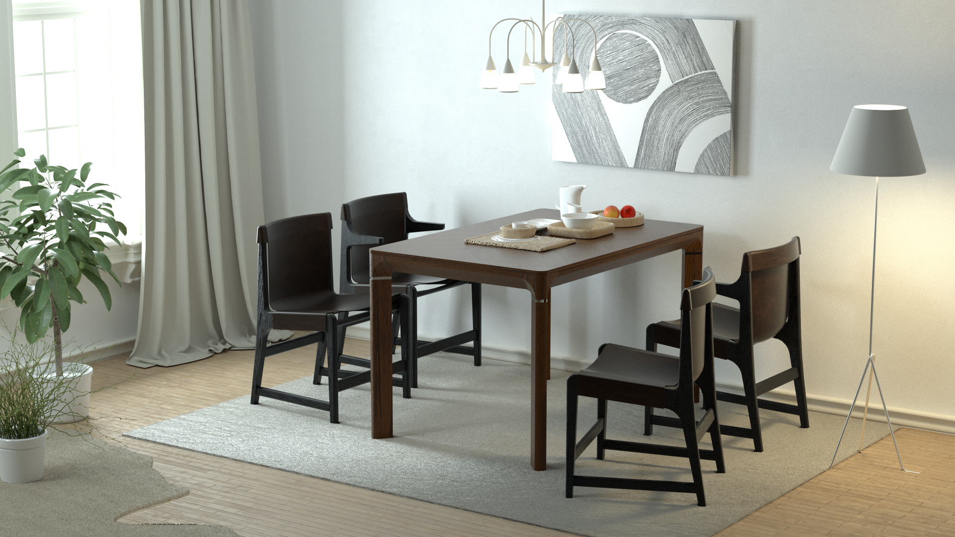 Dining room lifestyle — extension table with dark-finished wood chairs, ODM Vietnam