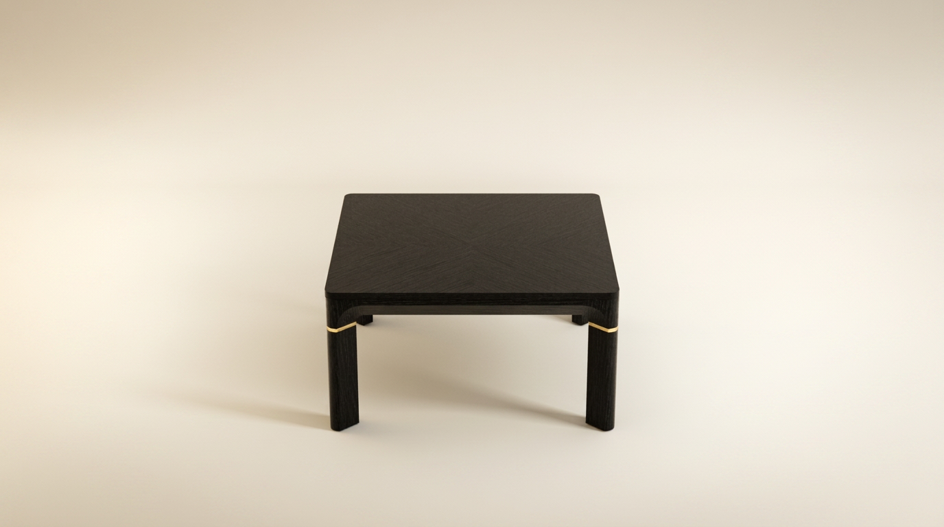 Coffee table ODM Vietnam — mitered matched-veneer top, brass ring detail
