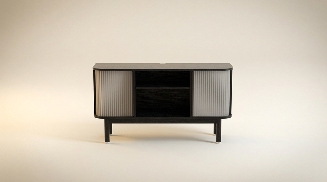 Modern wood TV stand OEM manufacturing — tambour-door media console